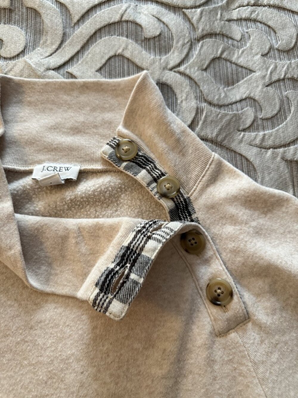 J Crew Womens XXL Cream Tan Wide Collar Button Pullover Sweatshirt Top Mockneck